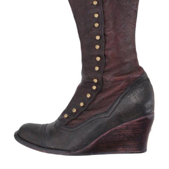 Calleen Cordero Knee High Boots 6.5 Black Brown Leather Brass Button Wedge Heel - Picture 3 of 15